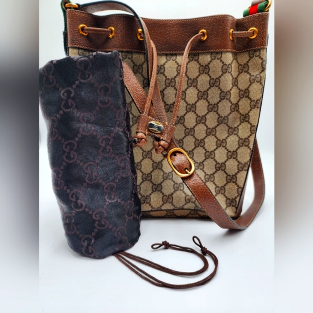 Gucci Vintage Mini Bucket Drawstring Crossbody GG Canvas Leather Web + Dust Bag